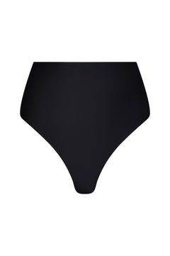 Black high-waisted bikini bottom on a white background