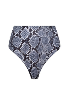 High-waisted bikini bottom with snake print on a white background