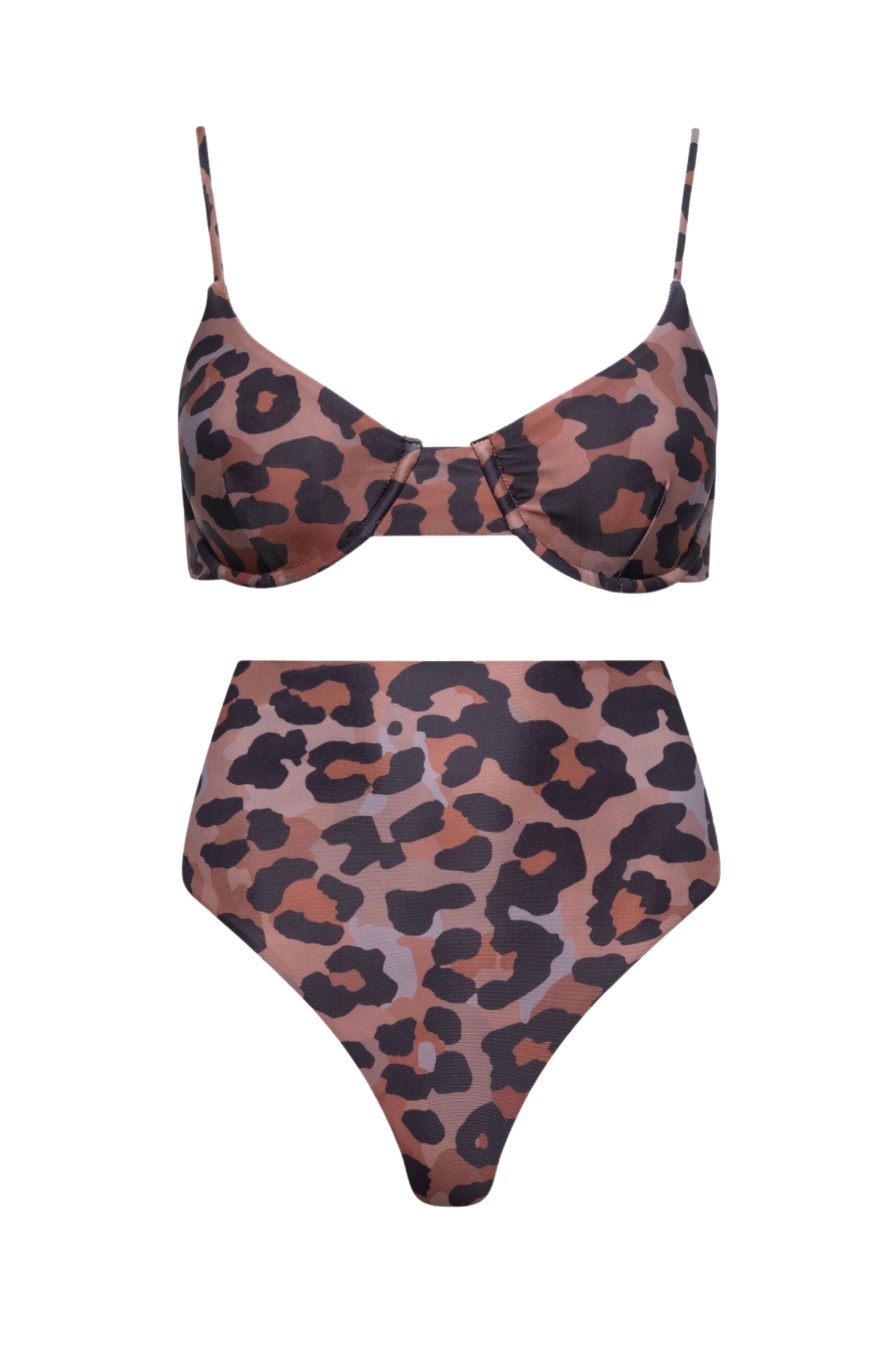 Leopard print high-waist bikini set on a white background
