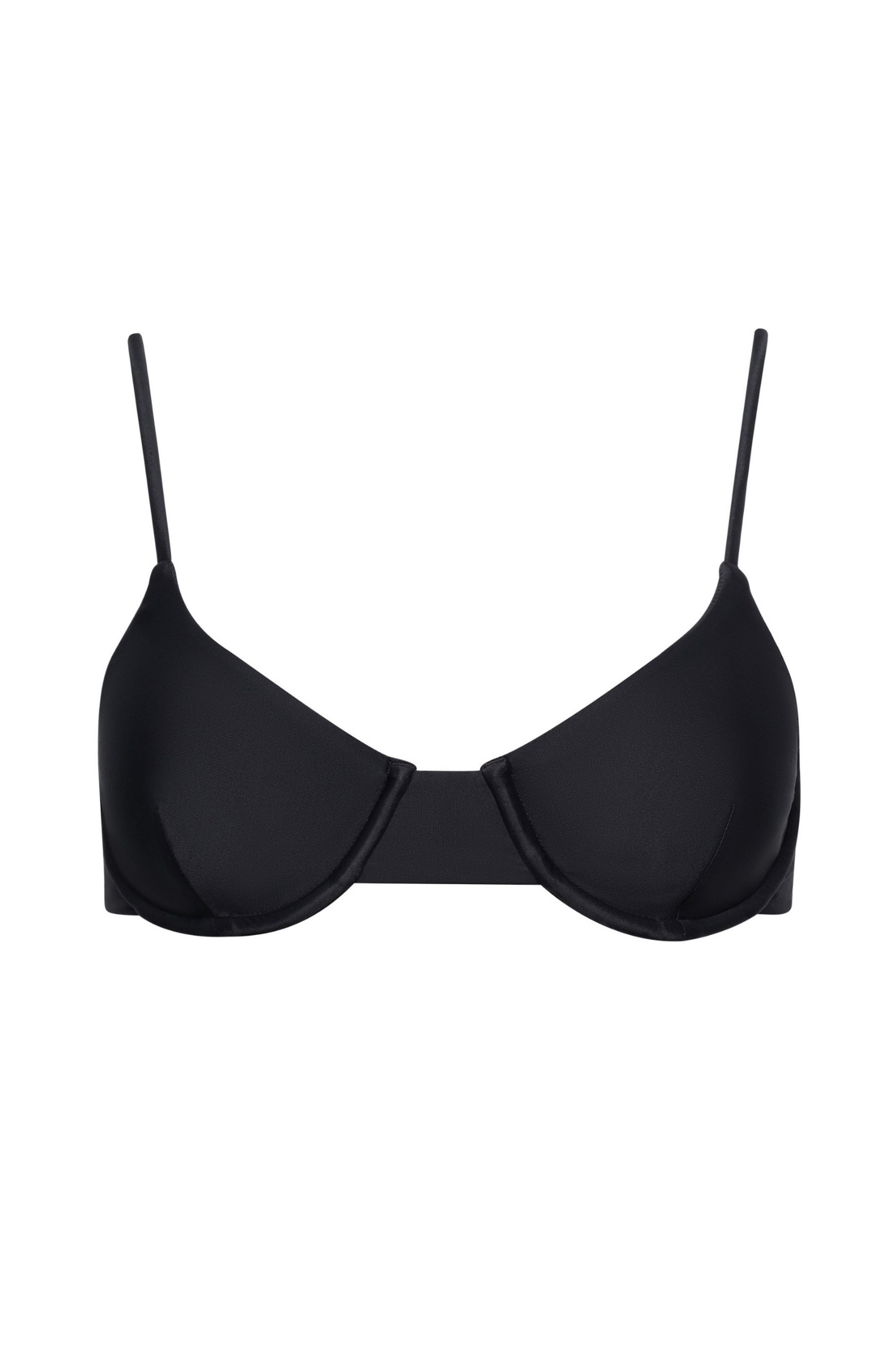 Black underwire bikini top on a white background