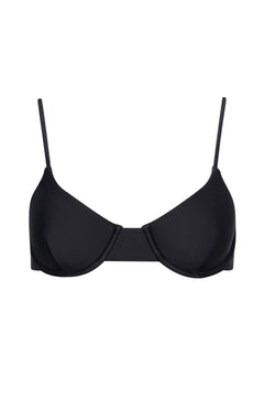 Black underwire bikini top on a white background