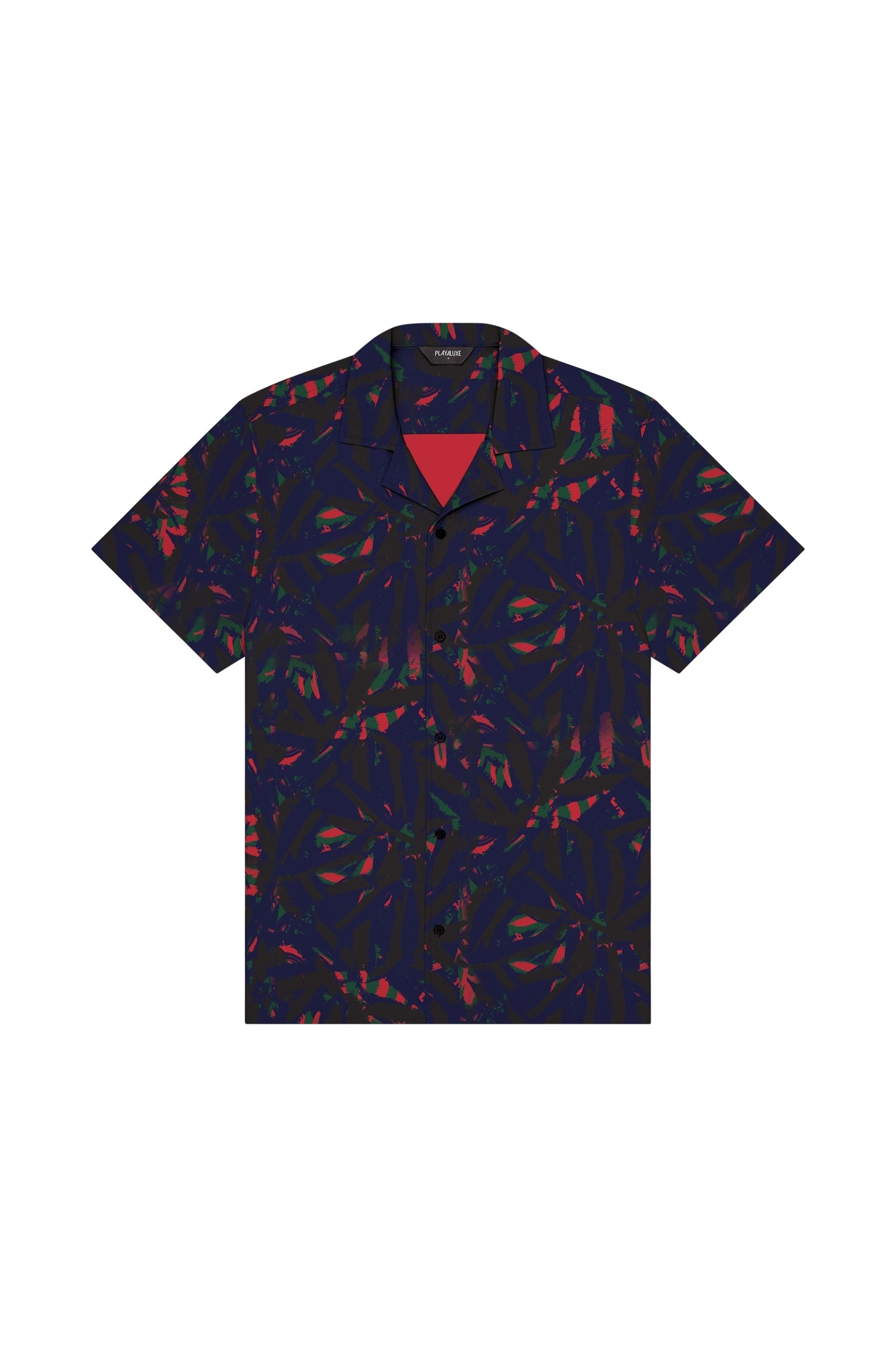 Navy patterned shirt with red accents on a white background