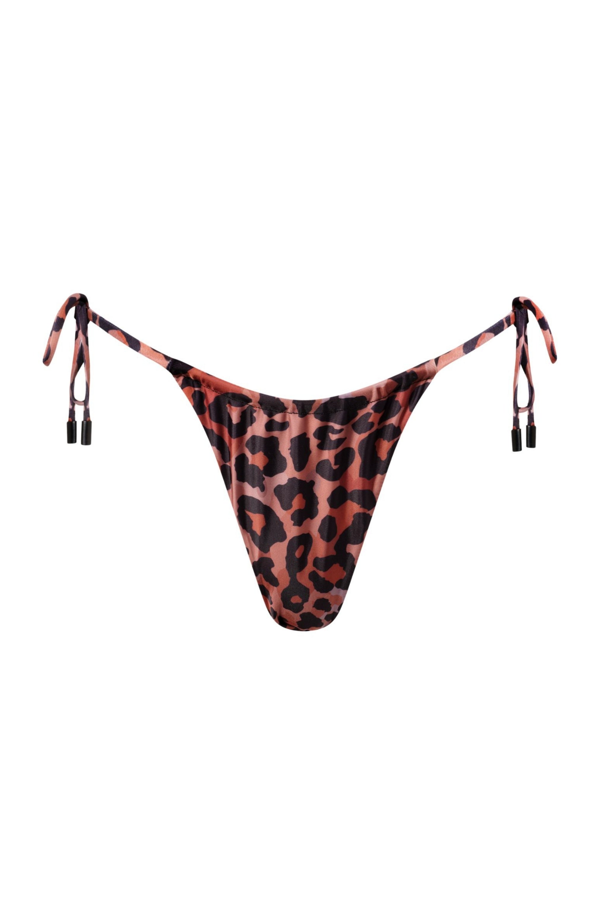 Leopard print bikini bottom with tie sides on a white background