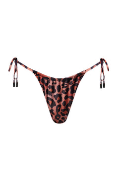 Leopard print bikini bottom with tie sides on a white background
