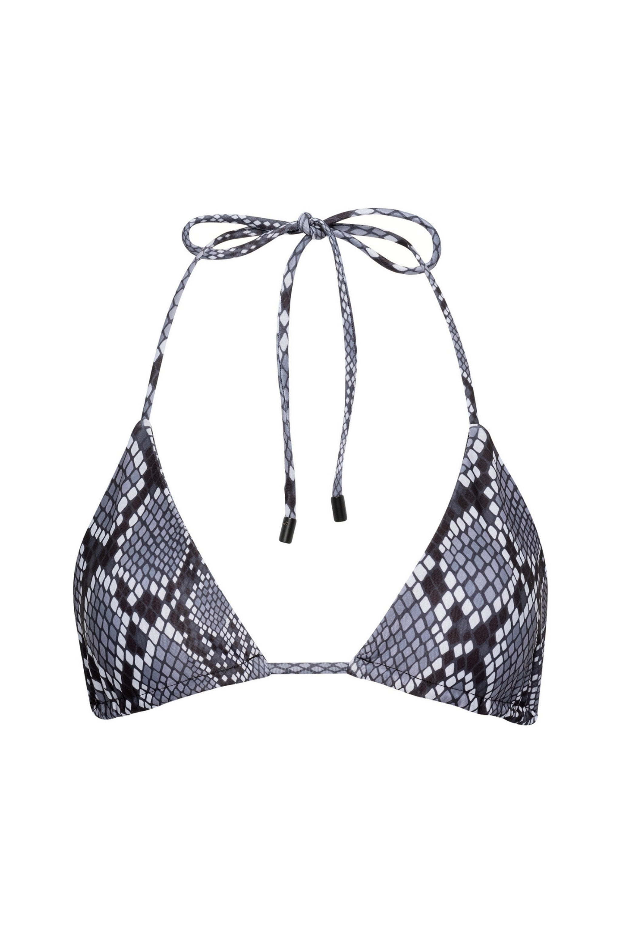 Snakeskin patterned triangle bikini top on a white background