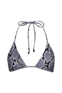 Snakeskin patterned triangle bikini top on a white background